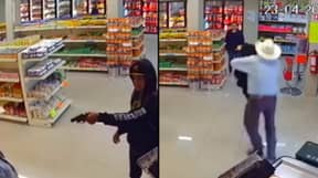 闭路电视捕捉令人心动的时刻牛仔在商店里撤下武装强盗