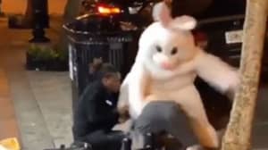 视频显示作为复活节兔子的人在斗殴中