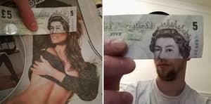 这小伙子用旧的五英镑钞票让女王看起来像是在扮鬼脸