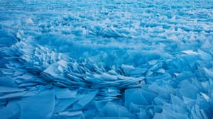 在冬天冰融化的美丽的冰碎片中盖的密歇根湖