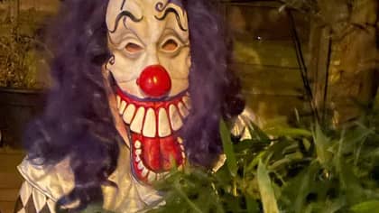 令人毛骨悚然的小丑在黑暗中发现蹲在灌木丛后面