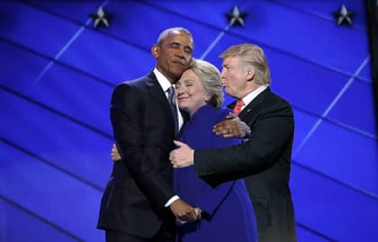 希拉里（Hillary）和奥巴马（Obama）在拥抱中的照片得到Photoshop处理