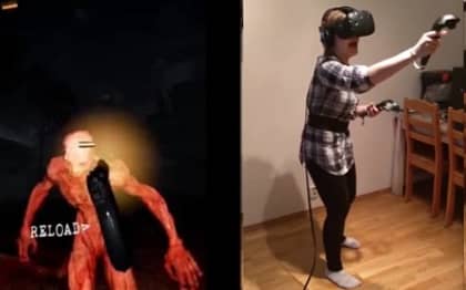 观看：女人在VR耳机上完全失去了玩恐怖游戏
