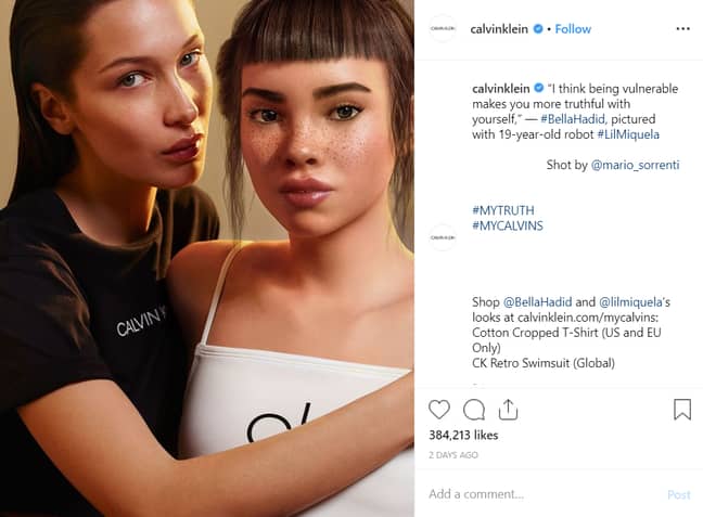 贝拉·哈迪德（Bella Hadid）和莉尔·米奎拉（Lil Miquela）在宣传射击中。学分：Calvin Klein/Instagram“width=