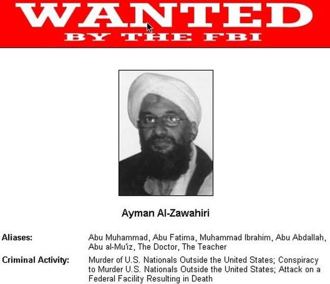 联邦调查局（FBI）想要艾曼·阿尔·扎瓦希里（Ayman al-Zawahiri）。学分：PA
