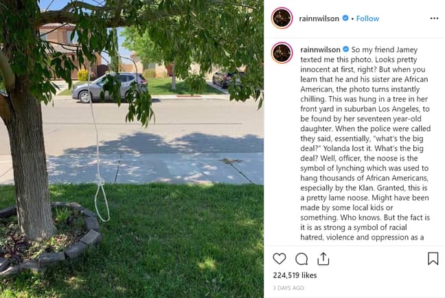 雷恩·威尔逊（Rainn Wilson）在Instagram上分享了一张悬挂在黑人家庭花园中的绞索的照片。学分：Instagram/Rainn Wilson