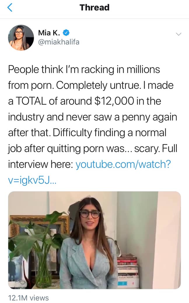 米娅·哈利法（Mia Khalifa）说，她从三个月的色情生涯中赚了12,000美元（9,950英镑）。学分：Twitter/@Miakhalifa“width=