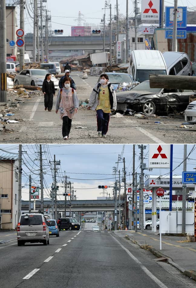 Ofunato，Iwate县相距十年。图片来源：Kazuhiro Nogi/AFP通过Getty Images