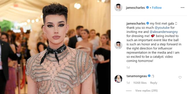 詹姆斯·查尔斯（James Charles）分享了一篇关于他在大都会（Met Gala）出现的可疑帖子。学分：Instagram/James Charles