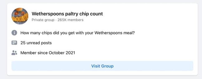 “ Wetherspoons微不足道的芯片计数”只是有关该链条的奇异团体之一。信用：Facebook
