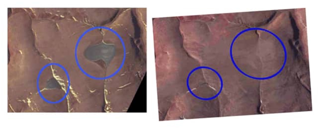 这些卫星图像显示了圣帕特里克湾冰盖过去存在的位置。左开始于2015年8月，右边是2020年7月。信贷：NASA