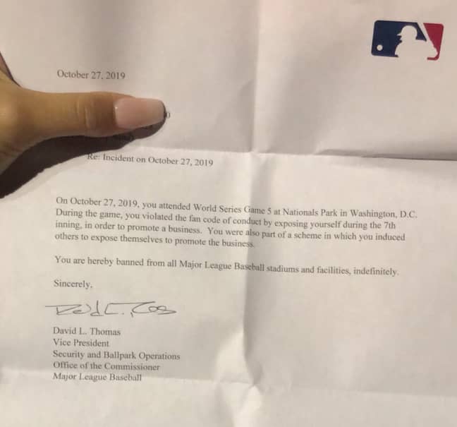 罗斯在Twitter上分享了美国职业棒球大联盟一封信的照片。信用：Twitter/Julia Rose