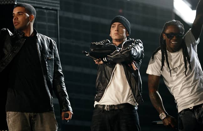 Drake，Eminem和Lil Wayne在洛杉矶举行的第52届格莱美奖颁奖典礼上演出（信用：PA）