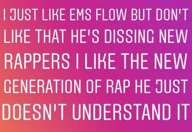 Justin Bieber说，Eminem在他的Instagram故事中不了解新一代的说唱音乐。荣誉：Justin Bieber / Instagram