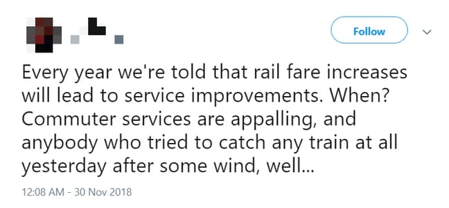 整个英国的铁路票价将增长3.1％。信用：Twitter“loading=
