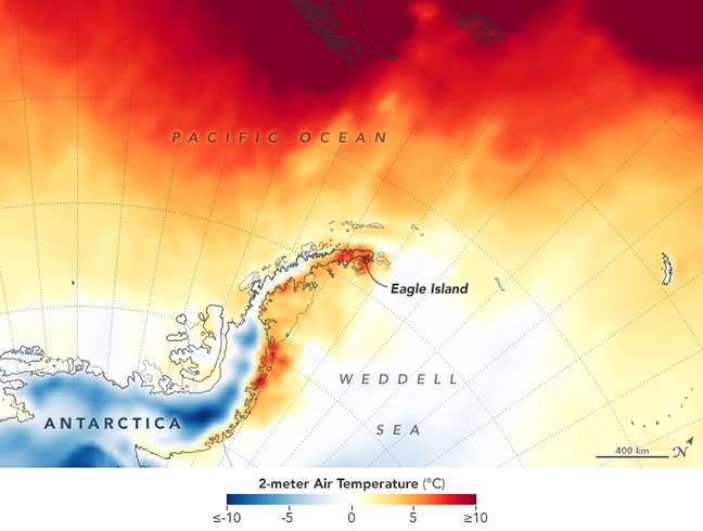 2月9日南极半岛的热地图 - 最黑暗的红色区域是模型显示温度超过10°C的地方。信用：美国宇航局