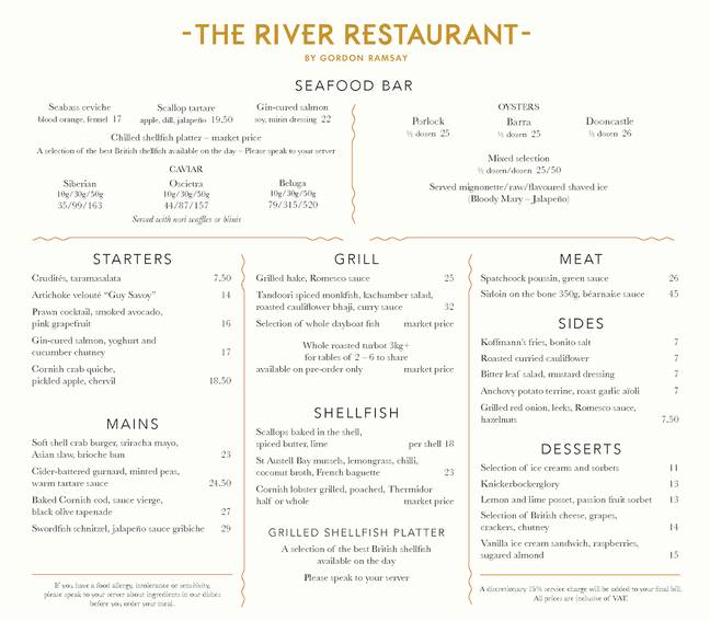 他的新餐厅的菜单。学分：gordonramsayrestaurants.com