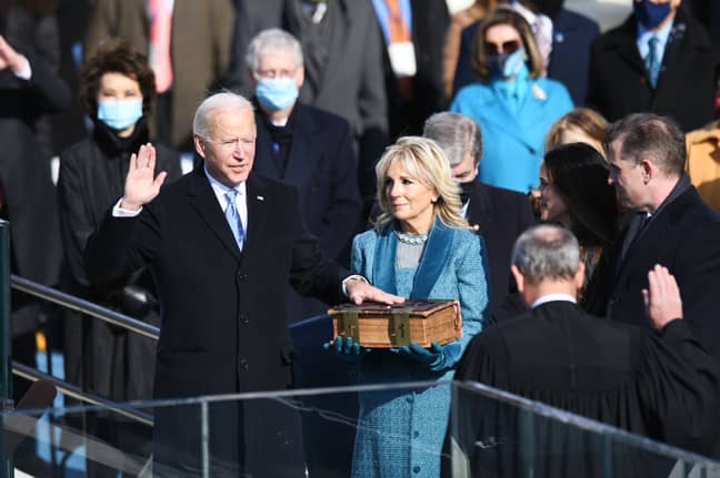 乔·拜登（Joe Biden）被宣誓就职为美国第46总统。信用：PA“width=