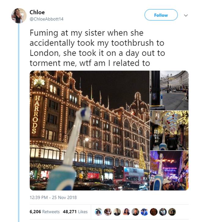 Chloe Abbott当她意识到她的大姐姐把牙刷带到伦敦时，他会发生什么，接下来，她绝对没想到。信用：肯尼迪新闻和媒体必威杯足球