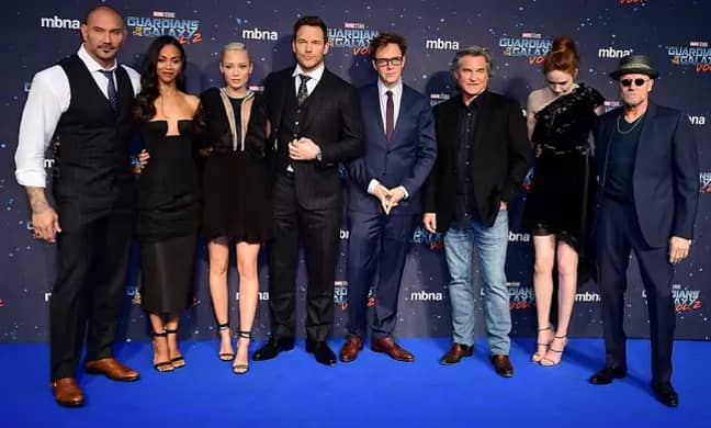 冈恩（Gunn）与2017年的银河护卫队（Guardians of Galaxy）演员一起。信贷：PA