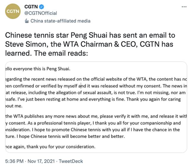 CGTN发表了彭申的一封电子邮件，告诉人们她很安全。疑问已在电子邮件中施加。（信用：Twitter/CGTN）