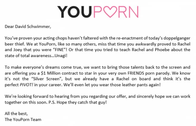 YouPorn发给David Schwimmer的邀请函。信贷：YouPorn