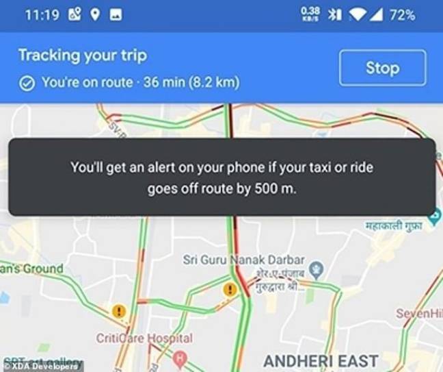 当您的出租车脱离路线时，保持更加安全警告您。信用：谷歌地图
