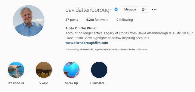 David Attenborough爵士有退出Instagram。信用：Instagram.