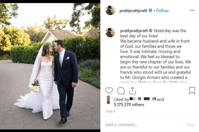 克里斯·普拉特（Chris Pratt）本月初与凯瑟琳·施瓦辛格（Katherine Schwarzenegger）结婚。学分：Instagram/@prattprattpratt