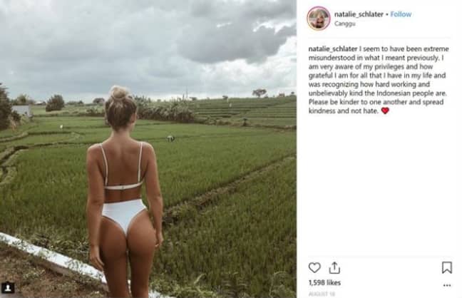 此后，娜塔莉（Natalie）删除了她的帐户，但为“误解”道歉。信用：Instagram