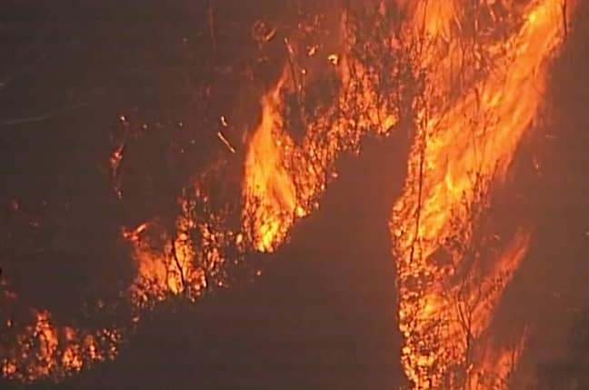 新南威尔士州蓝山的丛林大火升起了火和烟雾。信用：PA