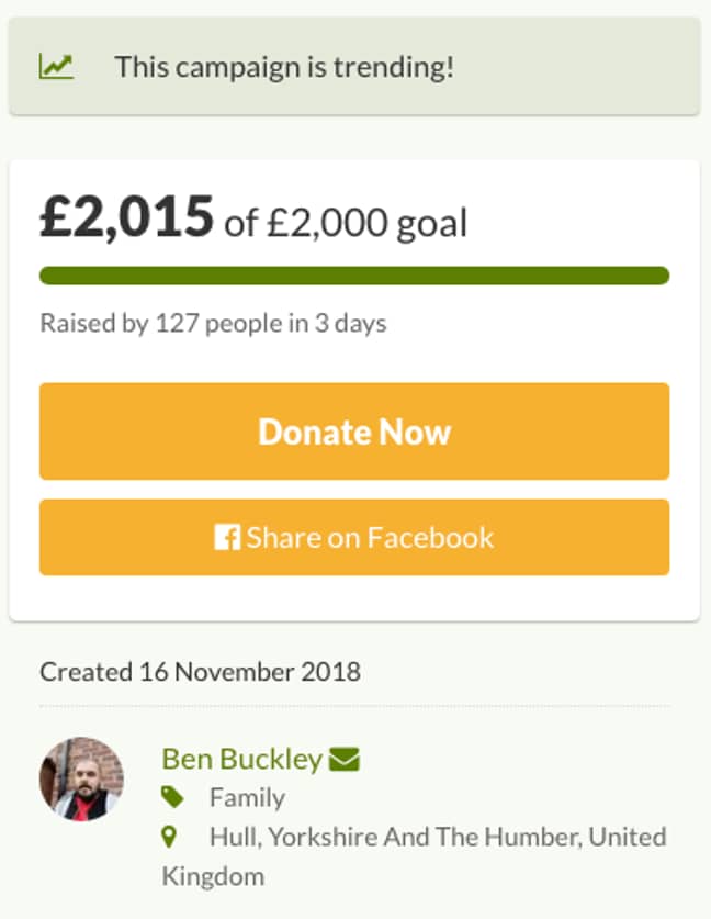 在132人的帮助下，达到了2,000英镑的目标。学分：GoFundMe