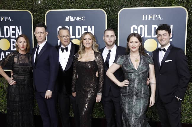 Samantha Bryant，Colin Hanks，Rita Wilson，Tom Hanks，Elizabeth Ann Hanks，Chet Hanks和Truman Theodore Hanks在金球奖。信用：PA