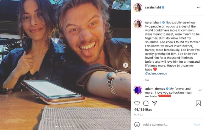 莎拉·沙希（Sarah Shahi）和亚当·迪姆斯（Adam Demos）在一起（信用：Instagram/Sarahshahi）