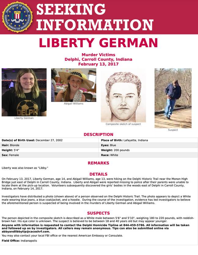 联邦调查局（FBI）的呼吁是，发现负责阿比盖尔·威廉姆斯（Abigail Williams）和自由德语的人。学分：联邦调查局