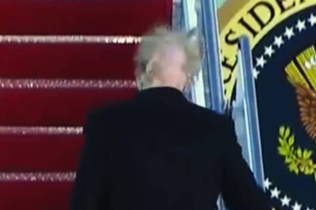 唐纳德·特朗普的头发在风中吹了“width=