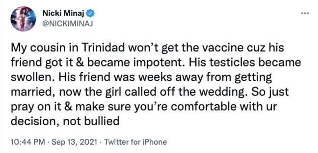 Nicki Minaj发表了有关疫苗引起阳ot的疫苗的推文引发的重大争议。（信用：Twitter）
