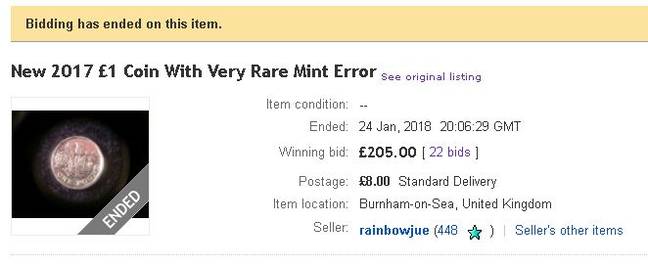 这个'错误'的1英镑硬币已在eBay上售价20.5英镑。信用：eBay