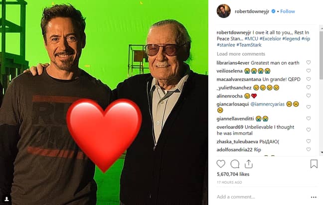 罗伯特·唐尼（Robert Downey Jr）在Instagram上向斯坦·李（Stan Lee）致敬。学分：Robert Downey Jr“width=