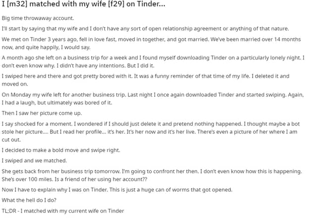 丈夫说他在妻子离开业务时下载了约会应用程序。信用：Reddit.