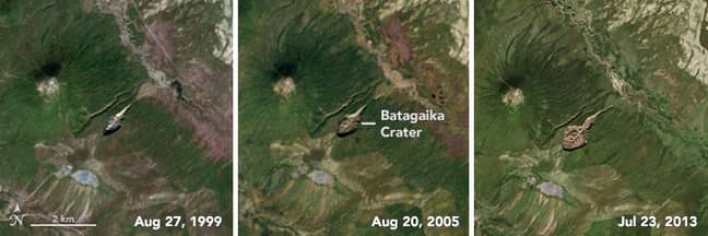 自1999年以来，Batagaika火山口的发展大幅增长。贷方：NASA