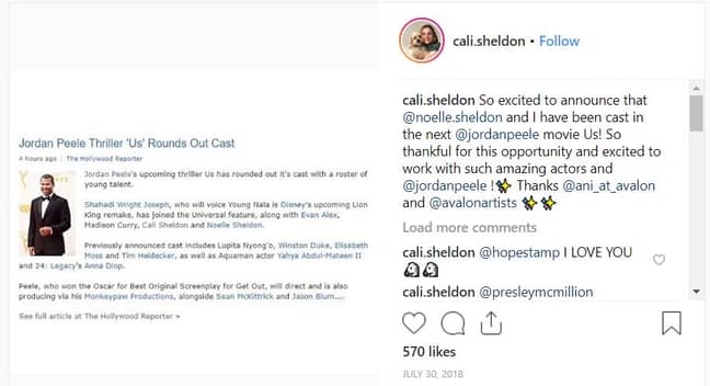 卡利在她的Instagram页面上宣布必威杯足球了这一消息。学分：Instagram/Cali.Sheldon