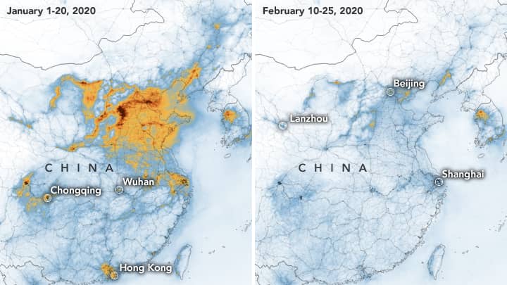 NASA图像显示，由于冠状病毒，中国污染的减少