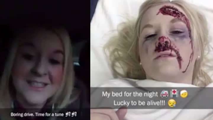 女人“ Snapchats自己的车祸”在震惊的新运动中，以使更安全的驾驶