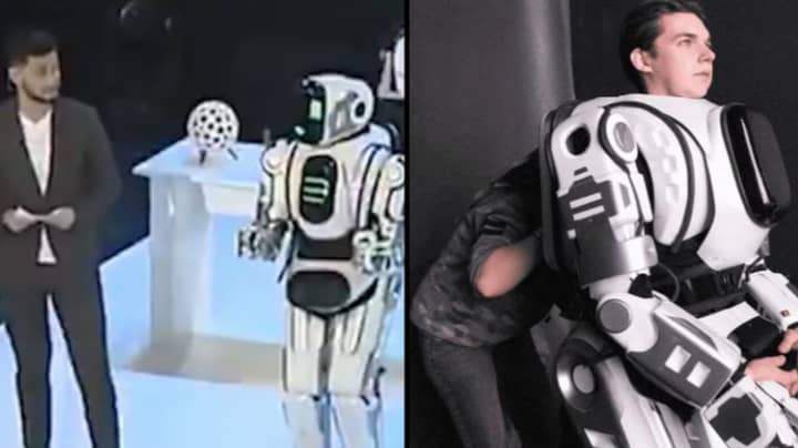 俄罗斯的高科技AI机器人在机器人服装中被证明是人类
