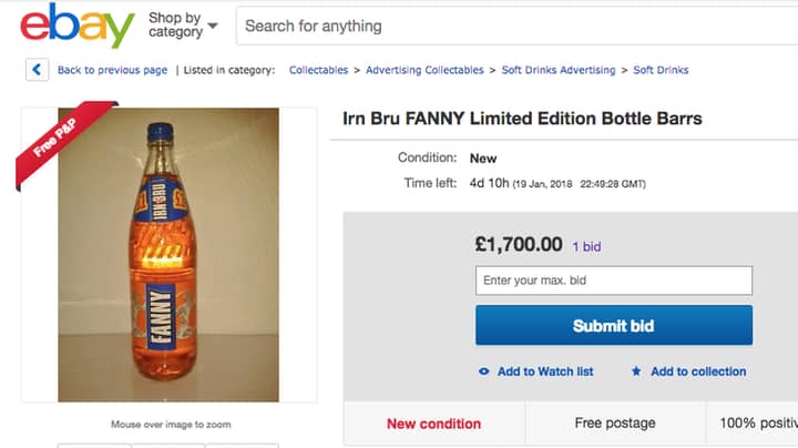 有人在ebay上以1,700英镑的价格出售一瓶旧食谱irn-bru，上面写着“范妮”