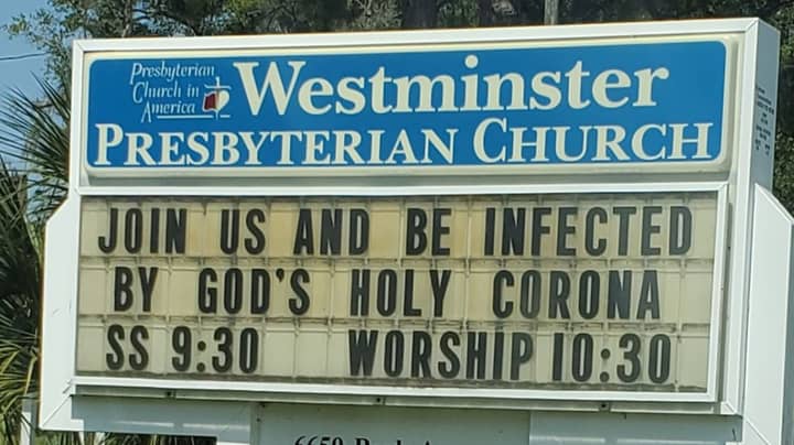 佛罗里达教堂告诉教区居民“加入我们，被上帝的神圣的电晕感染”“width=