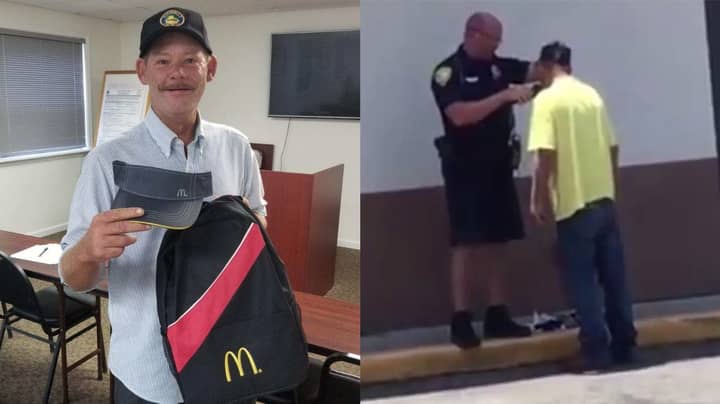 无家可归的家伙在警察帮助他剃须后开始在麦当劳的第一天开始